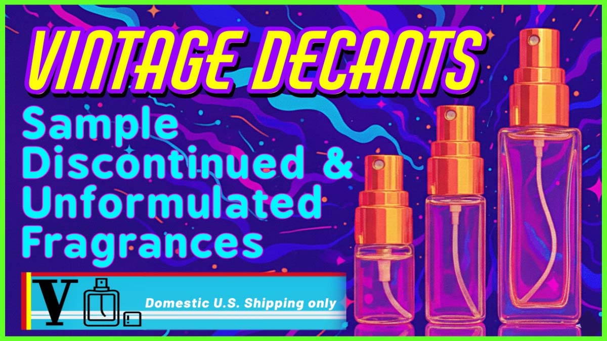 Advertisement for 'Vintage Decants' with three perfume bottles on a colorful background.