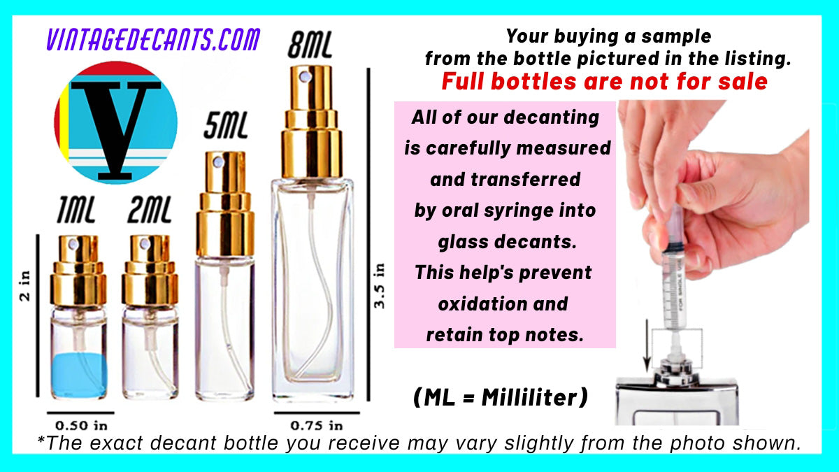 A product information graphic for Vinted Decants glass decant bottles, showing several small glass spray bottles in different sizes (1ML, 2ML, 5ML, 8ML) with gold collars, alongside a hand demonstrating the oral syringe transfer technique. The graphic includes text explaining that full bottles are not for sale and detailing the transfer process.