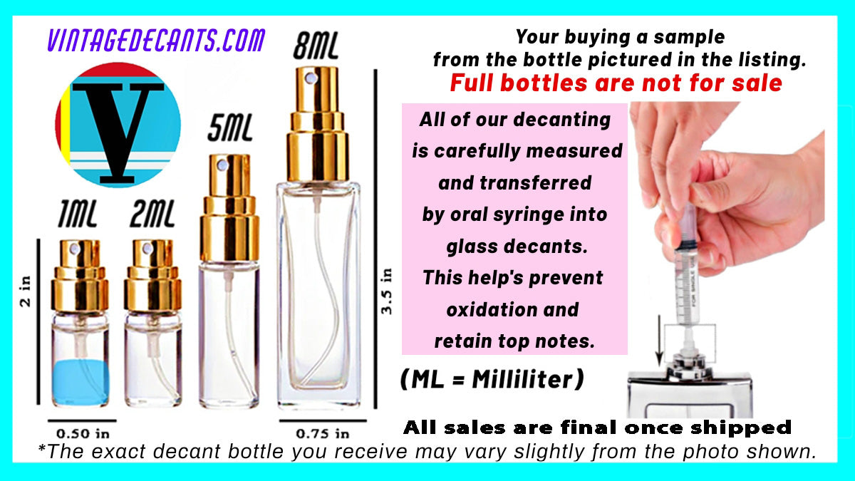 A product information graphic for vintage decanting bottles. It shows several small glass spray bottles in different sizes (1ML, 2ML, 5ML, 8ML) with gold caps, a circular logo for 'VINTAGEDECANTS.