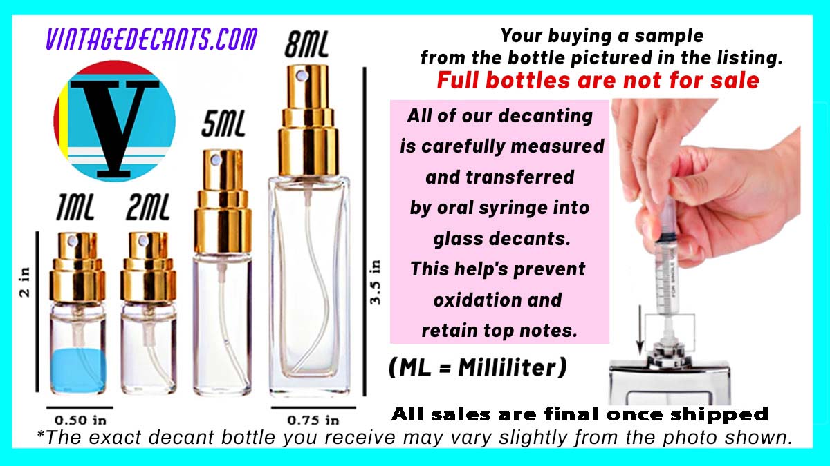 A product information graphic for vintage decanting bottles. It shows several small glass spray bottles in different sizes (1ML, 2ML, 5ML, 8ML) with gold caps, a circular logo for 'VINTAGEDECANTS.